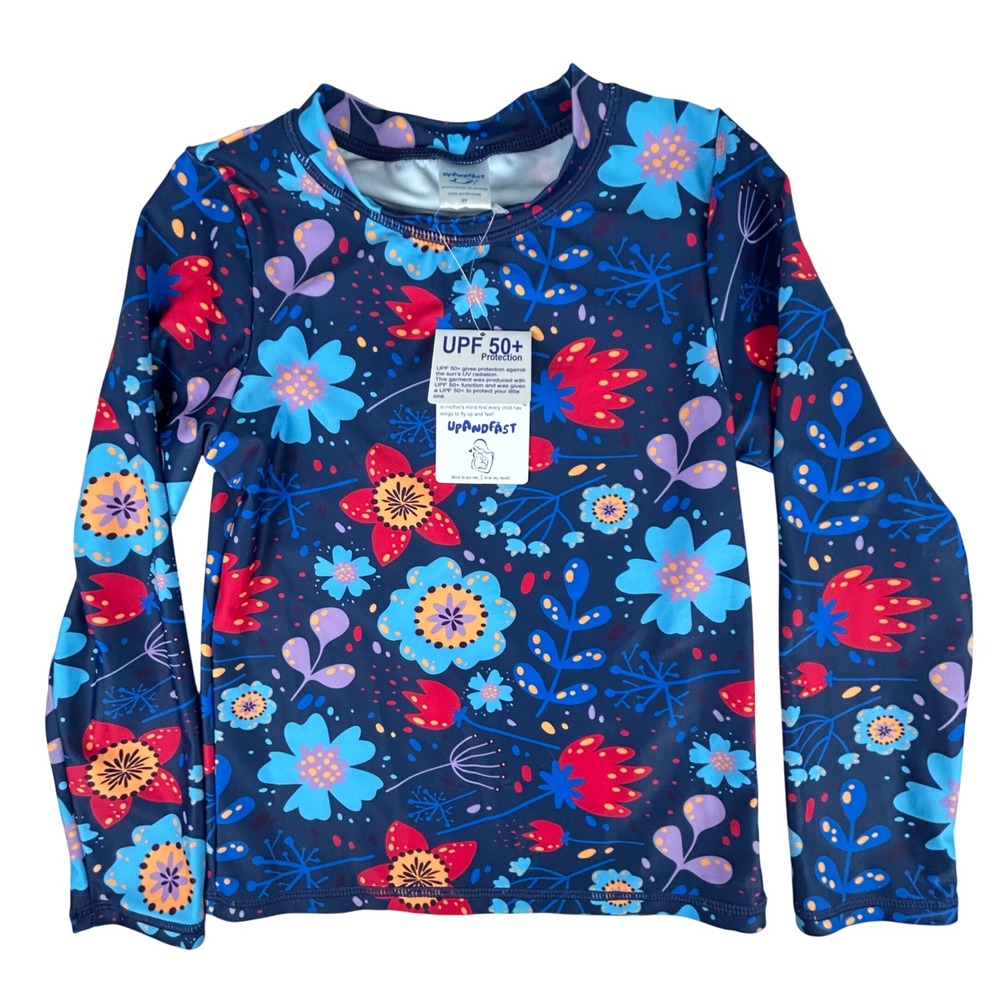 UpAndFast Girls Floral Rash Guard Long Sleeve UPF 50+ Swim Shirt Navy 8Y NEW